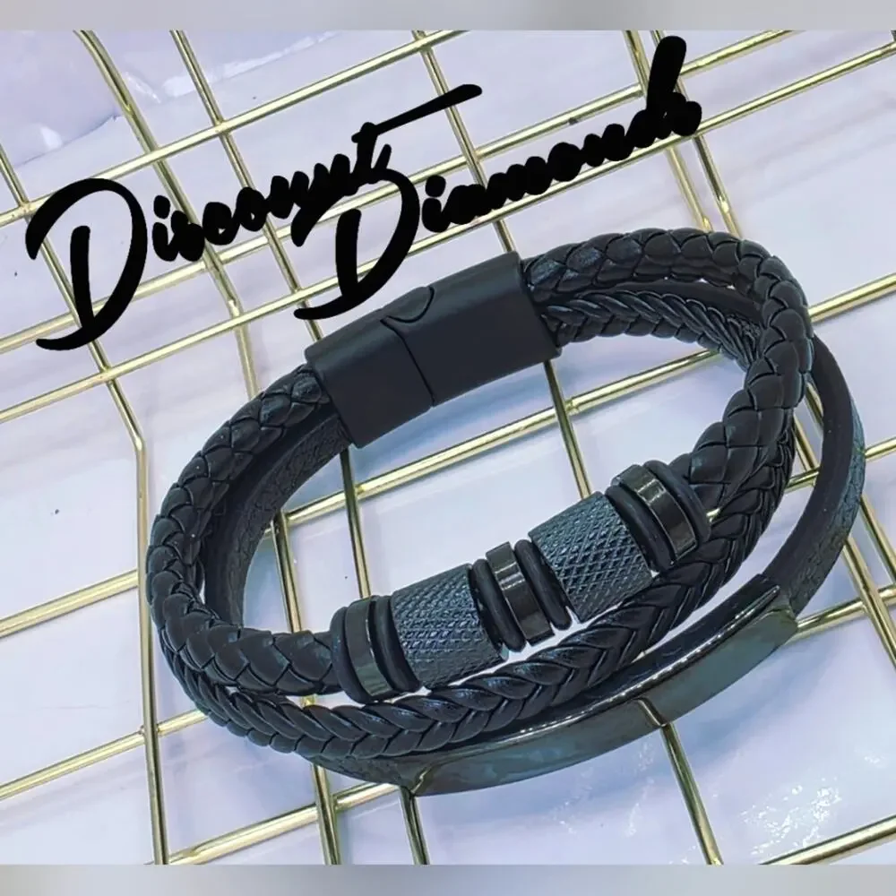 Men's Black Titanium Braded Black Leather Trinity Bracelet